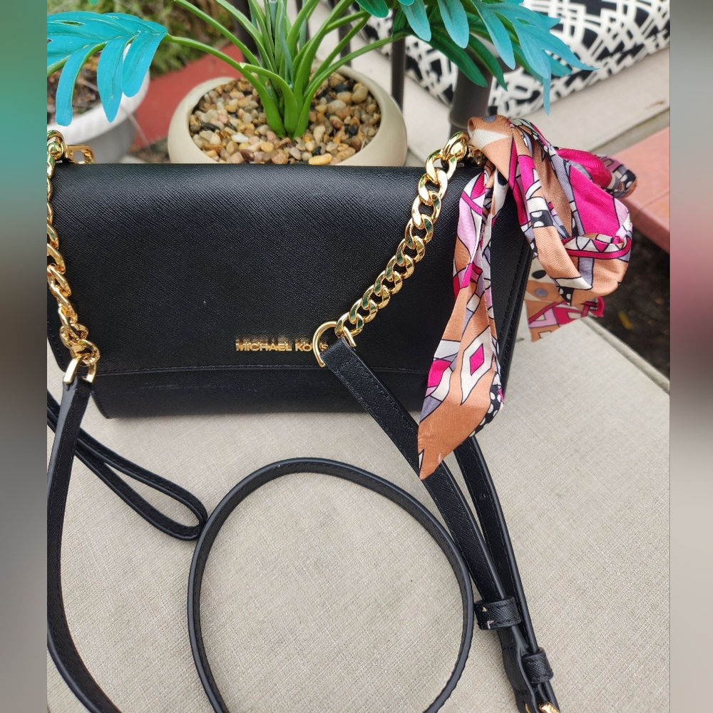 Michael Kors Black Leather Crossbody Bag w Gold Chain & Leather Insert NWOT